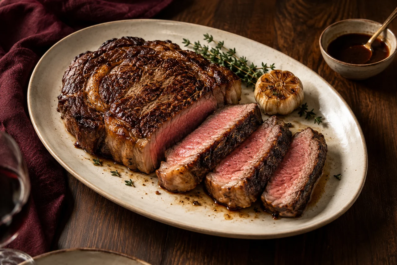A carved thick-cut steak with a browned crust, thyme and roasted garlic on an ivory platter