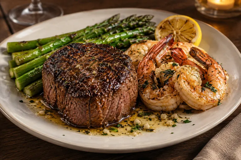 Tenderloin & garlic prawns · finished dish