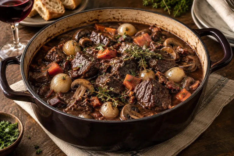 Red-wine beef bourguignon · finished dish