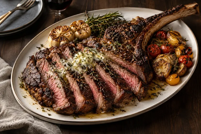 Smoked-then-seared tomahawk · finished dish