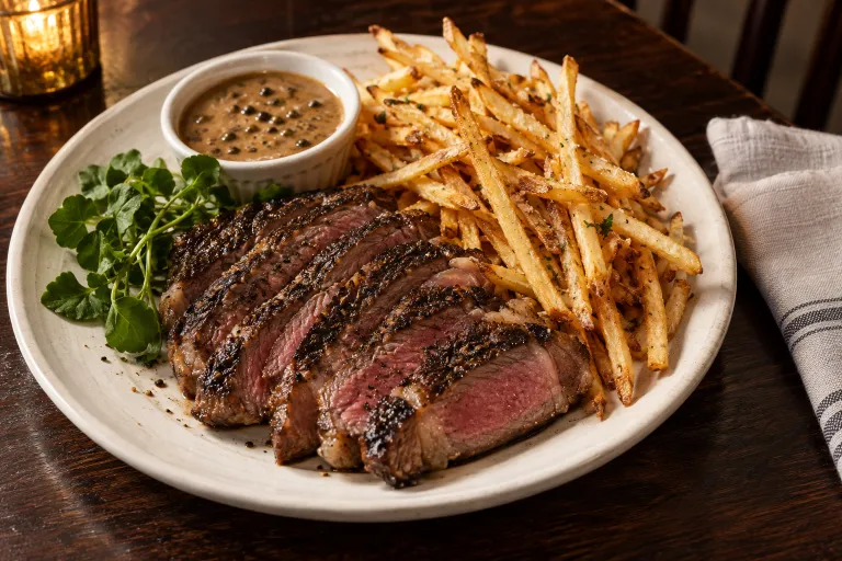 Steak frites with pepper sauce · finished dish