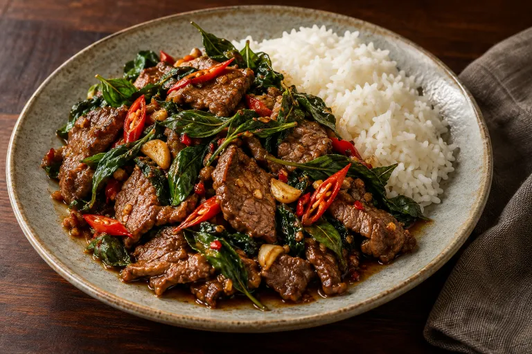 Basil beef with jasmine rice · finished dish