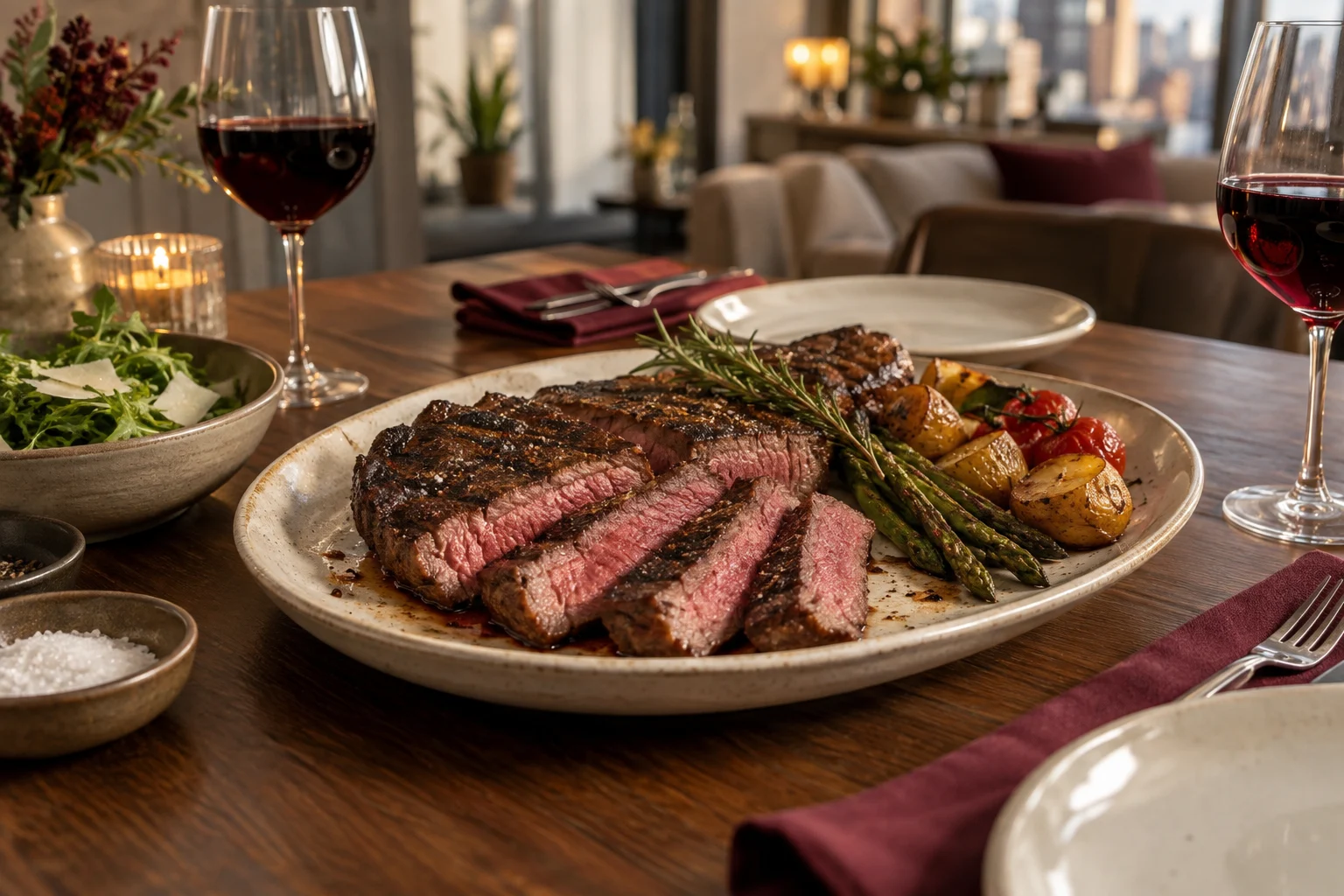 Sliced seared steak on a ceramic platter at a home dinner for two