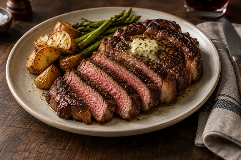 Herb-butter ribeye with roast potatoes · finished dish