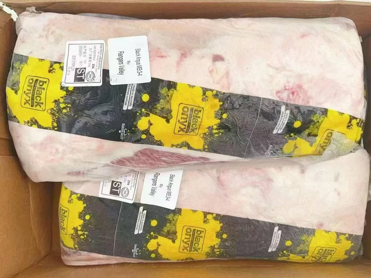 Black Onyx whole striploins in original branded packaging