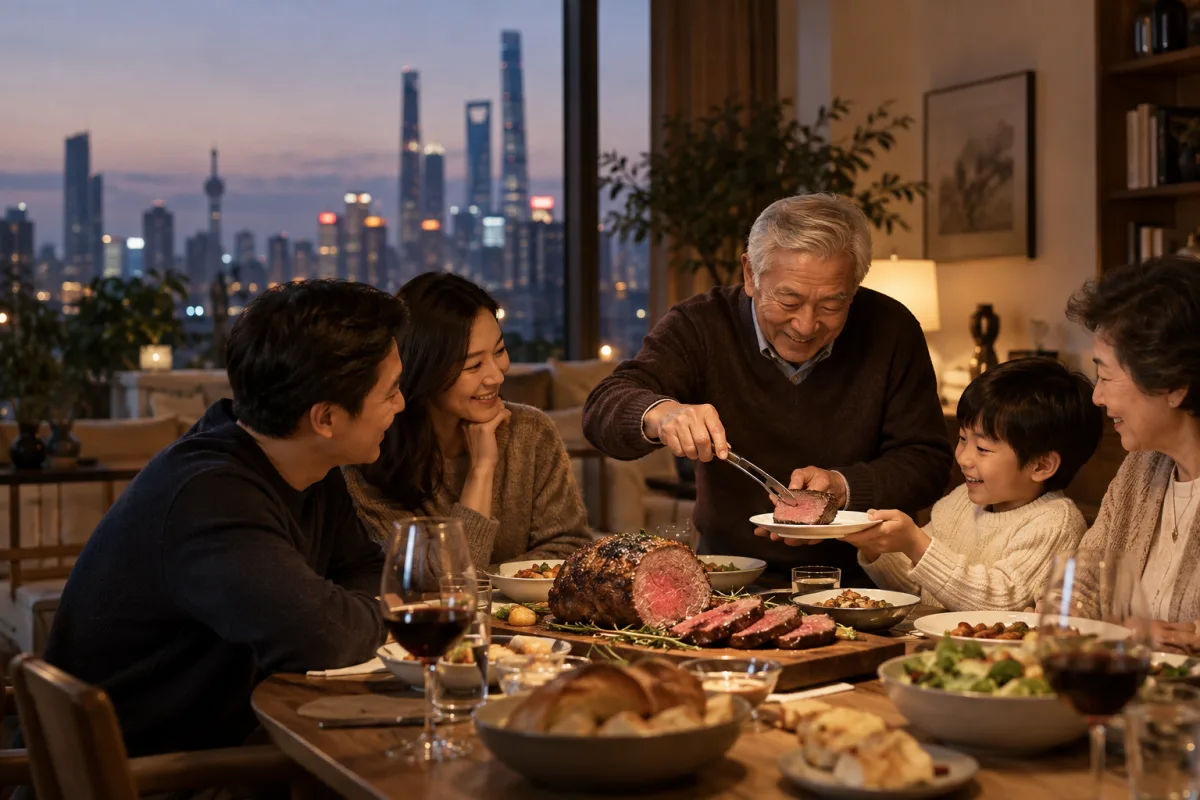 國內一家三代圍坐分享節日晚餐的烤牛肉